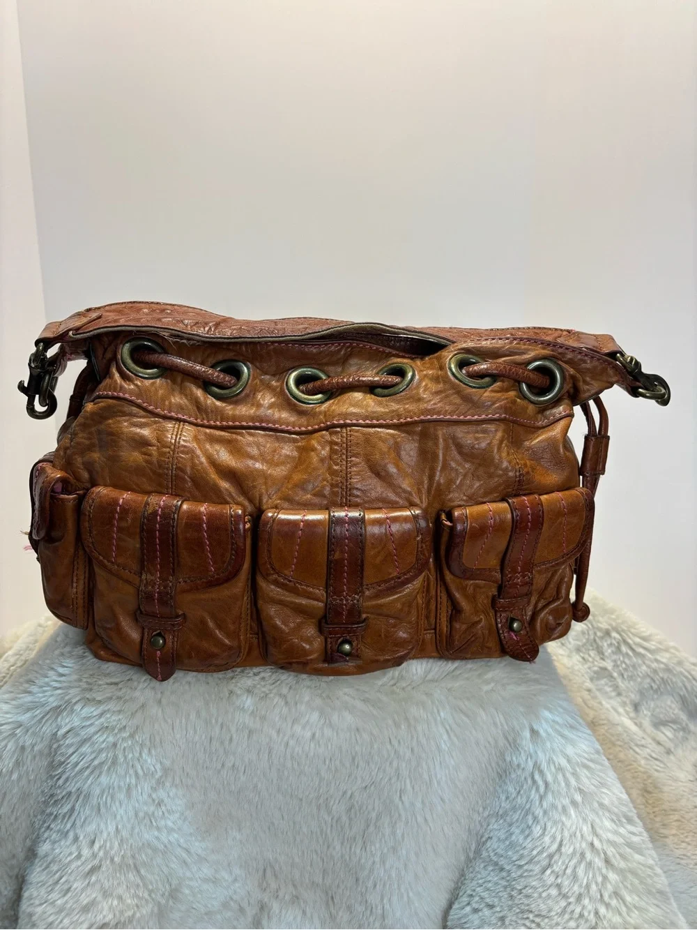 Plenty by Tracy Reese Brown Leather Hobo Bag Boho Y2K Cargo Multi Pocket